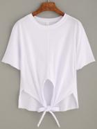 Romwe White Raw Hem Tie Front T-shirt