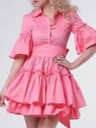 Romwe Pink Lapel Bell Sleeve Flounce Dress