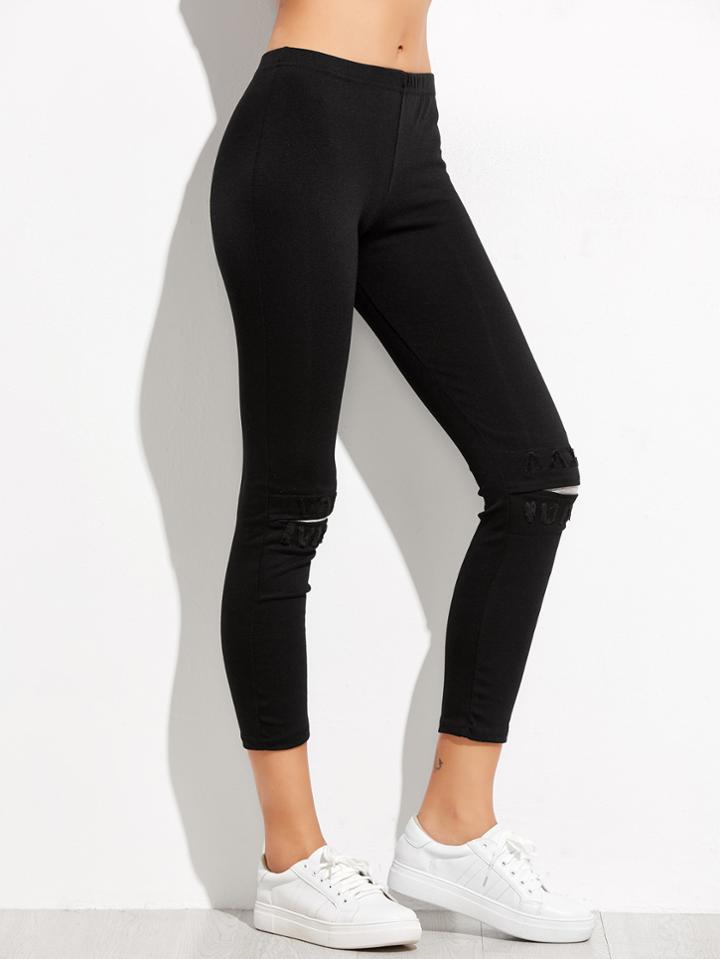 Romwe Black Knee Ripped Letter Patch Leggings