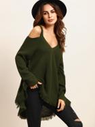 Romwe Army Green Cold Shoulder Long Sleeve Knitted T-shirt