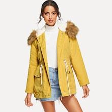 Romwe Zip Up Faux Fur Contrast Pocket Hoodie Parka Coat