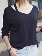 Romwe Open Shoulder Long Sleeve Black T-shirt