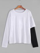 Romwe White Contrast Sleeve 2 In 1 T-shirt