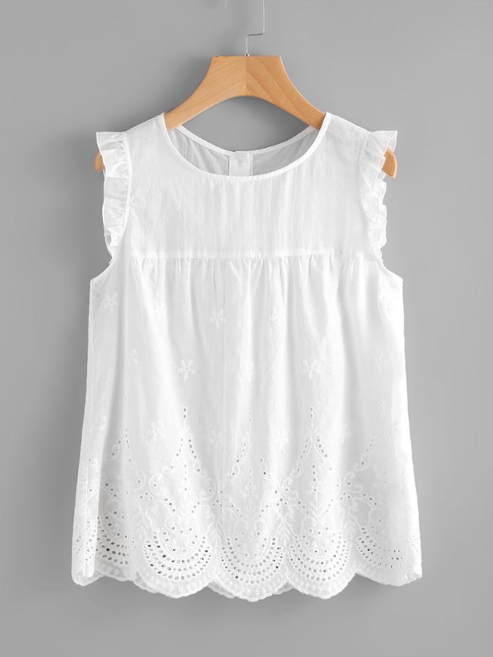 Romwe Eyelet Embroidered Scallop Hem Frilled Shell Top