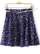 Romwe Blue Candy Print Pleated Skirt