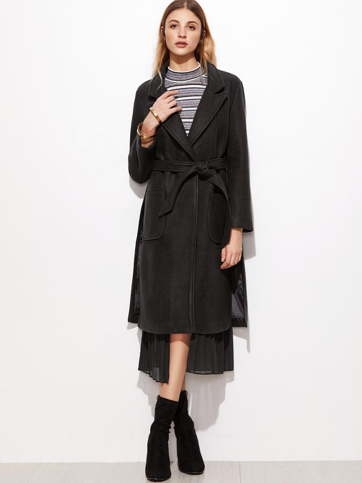 Romwe Black Slit Side Contrast Mesh Coat With Belt