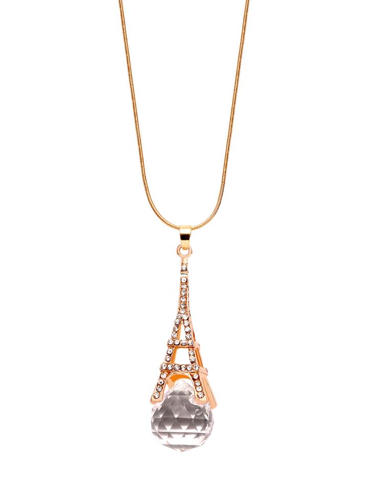 Romwe Rhinestone Eiffel Tower Shaped Pendant Necklace