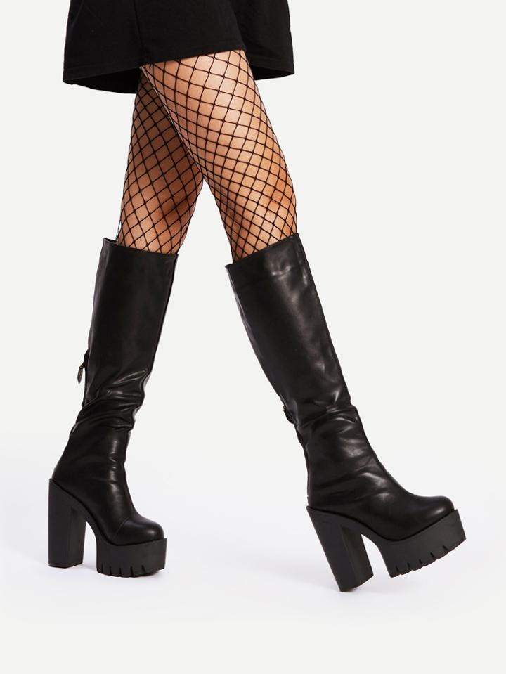 Romwe Round Toe Back Zipper Knee High Boots