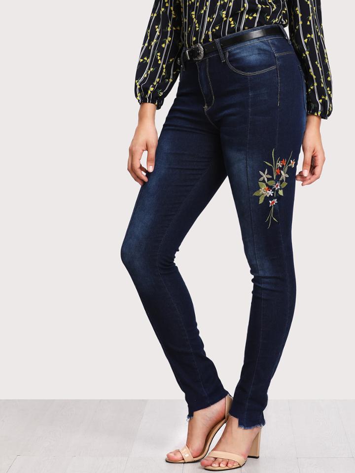 Romwe Embroidery Raw Cut Hem Jeans