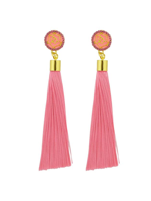 Romwe Pink Ethnic Jewelry Flower Decoration Long Tassel Drop Earrings