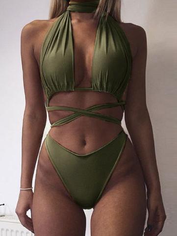 Romwe Olive Green Crisscross Halter Neck Swimwear