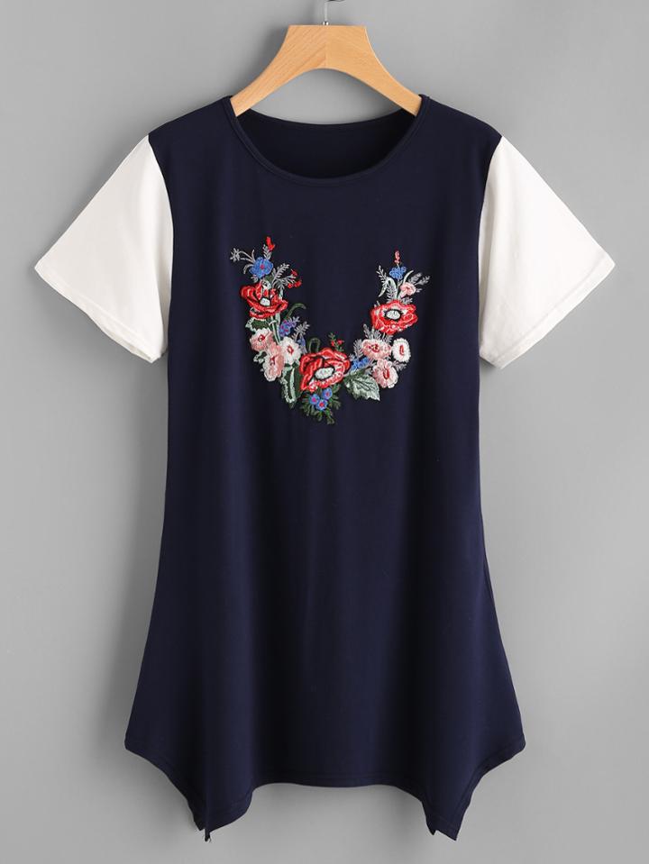 Romwe Embroidery Contrast Sleeve Asymmetric Hem Tee Dress