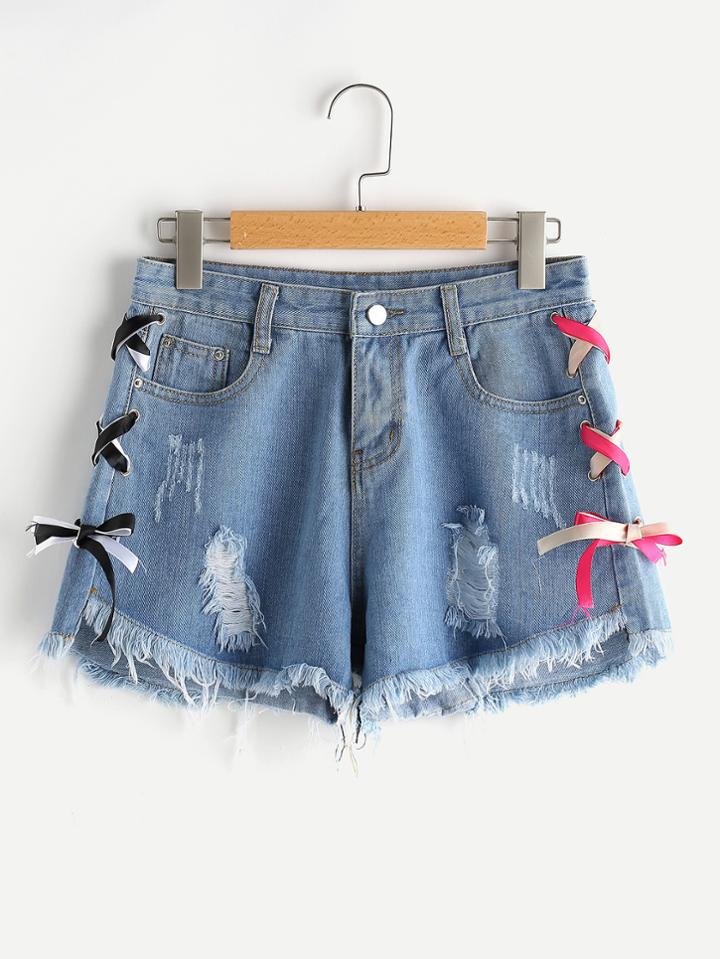 Romwe Destroyed Fray Hem Lace Up Side Denim Shorts
