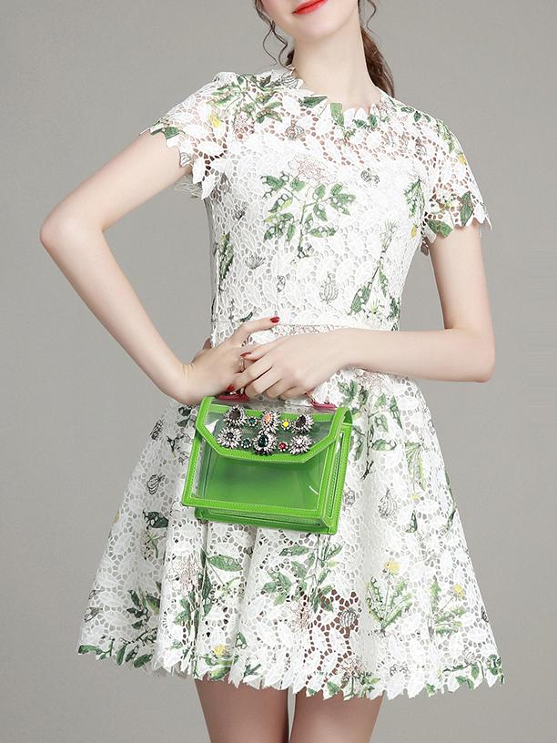 Romwe White Crochet Hollow Out Print A-line Dress