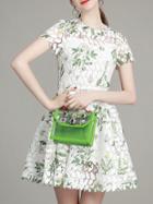 Romwe White Crochet Hollow Out Print A-line Dress