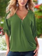 Romwe V-neck Zip Front Rolled Sleeve Top - Green