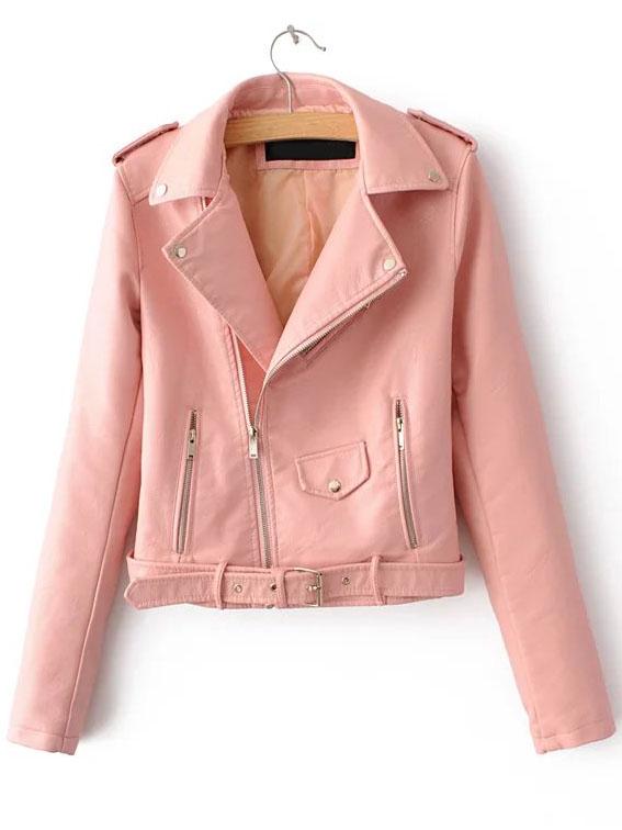 Romwe Pink Faux Leather Belted Moto Jacket With Zipper