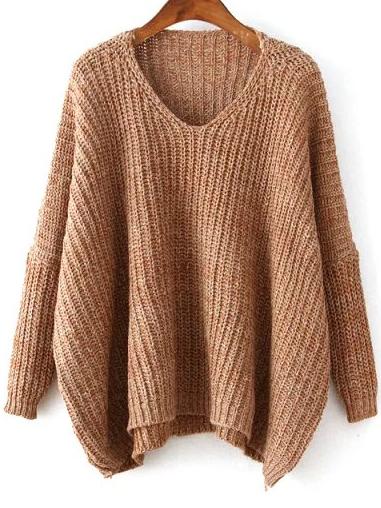 Romwe V Neck Dolman Brown Sweater