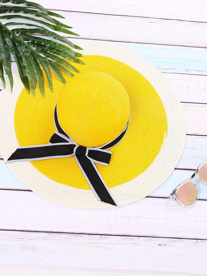 Romwe Yellow Vacation Bow Tie Straw Hat