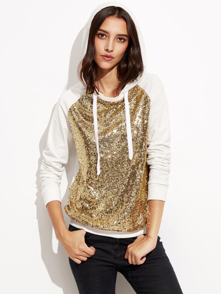 Romwe Gold Sequin Contrast Raglan Sleeve Hoodie