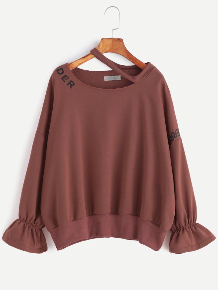 Romwe Letter Print Cutout Neck Drop Shoulder Ruffle Cuff Sweatshirt