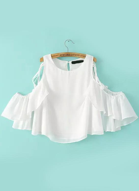 Romwe Open Shoulder Chiffon White Top