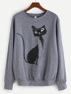 Romwe Grey Cat Print Sweatshirt