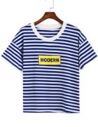 Romwe Letter Print Striped Blue T-shirt