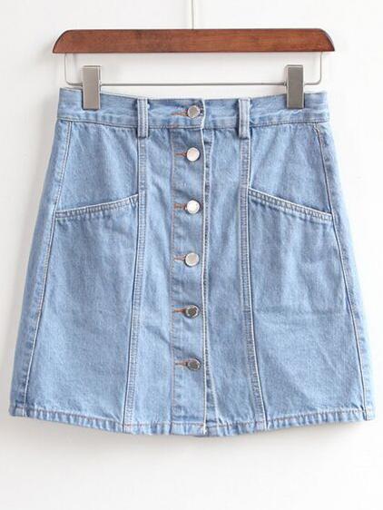 Romwe Blue Button Front A Line Denim Skirt