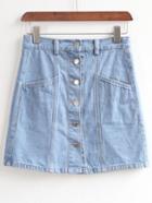 Romwe Blue Button Front A Line Denim Skirt