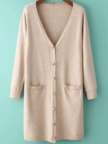 Romwe With Pockets Buttons Khaki Cardigan