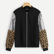 Romwe Contrast Sequin Leopard Sleeve Bomber Jacket