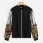 Romwe Contrast Sequin Leopard Sleeve Bomber Jacket