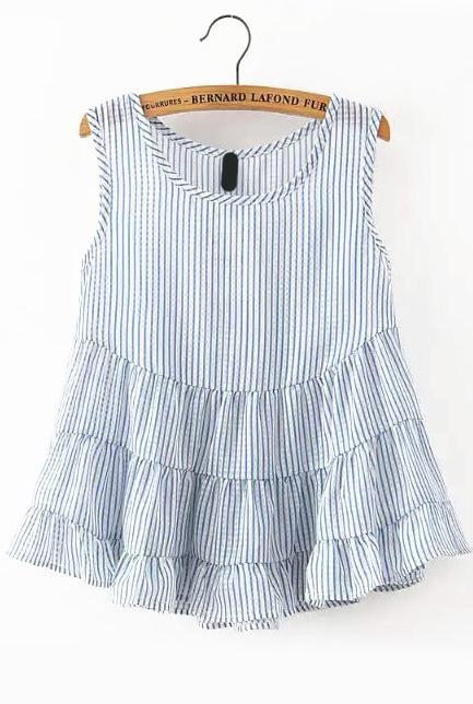 Romwe Vertical Striped Peplum Hem Blue Tank Top