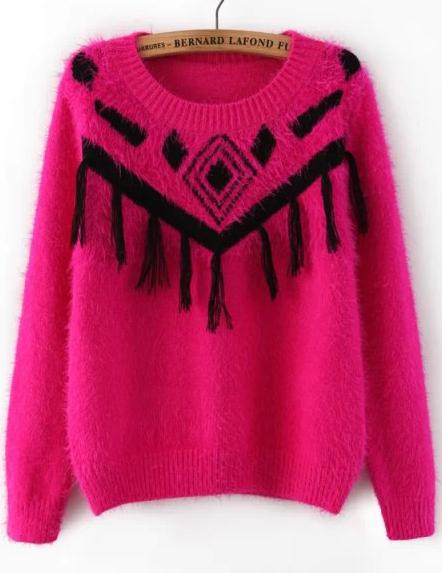 Romwe Geometric Print Tassel Rose Red Sweater