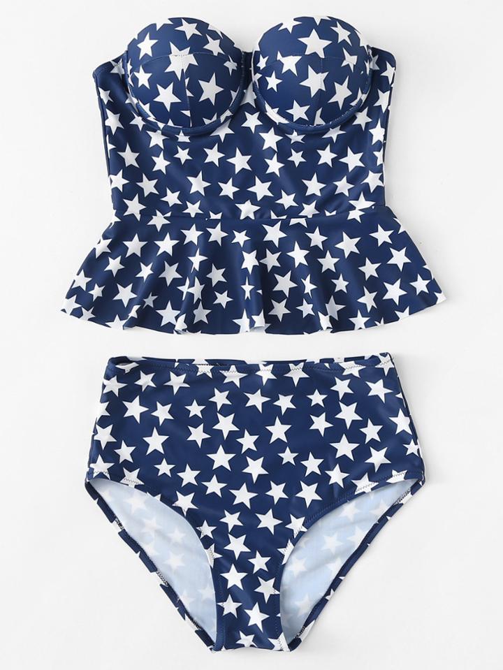 Romwe Star Print Bandeau Tankini Set