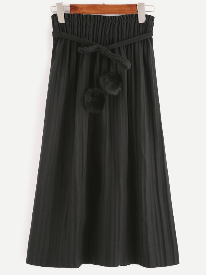 Romwe Black Belted Pom Pom Pleated Skirt