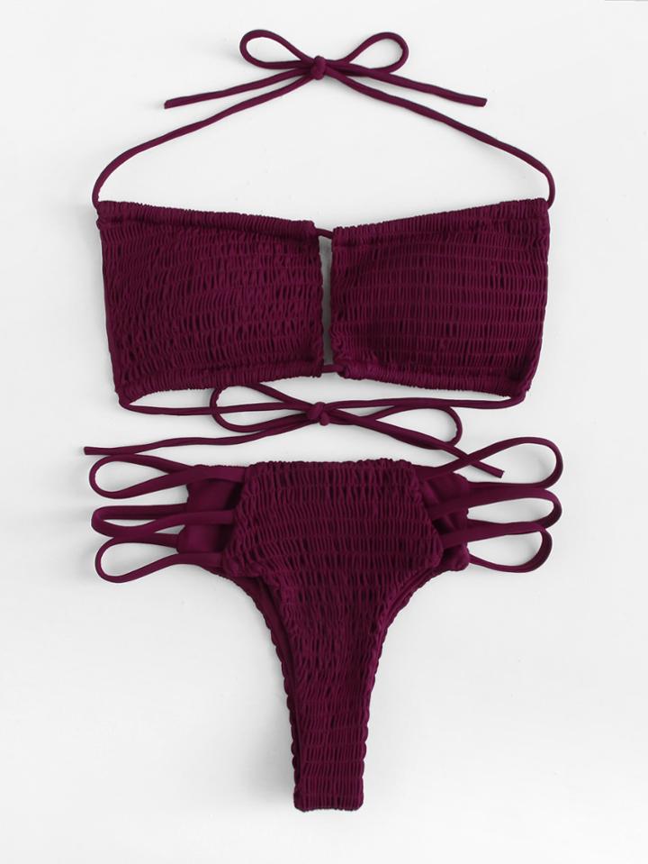 Romwe Ladder Cut Out Shirred Bikini Set