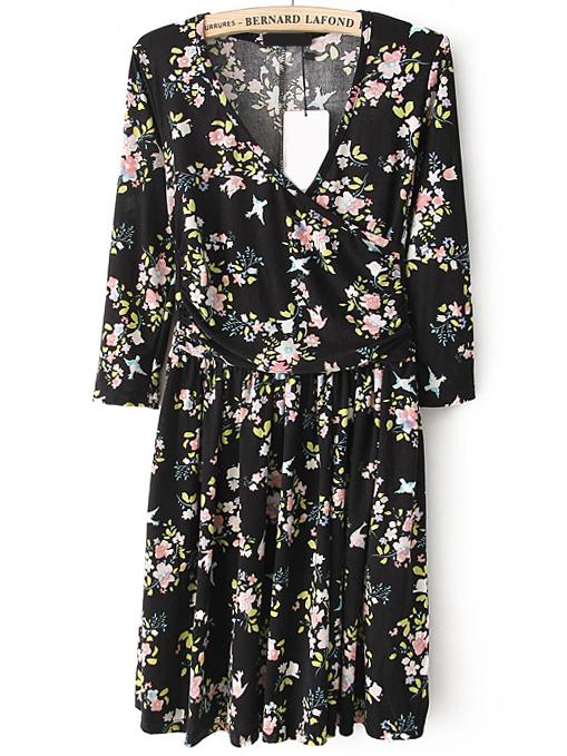 Romwe V Neck Florals Pleated Dress