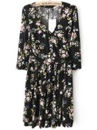 Romwe V Neck Florals Pleated Dress