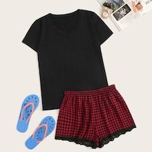 Romwe V-neck Top & Gingham Shorts Pj Set