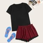 Romwe V-neck Top & Gingham Shorts Pj Set
