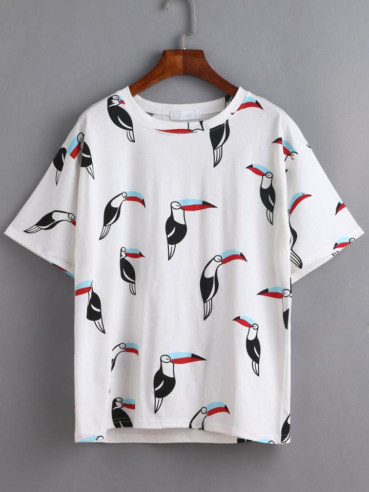 Romwe White Woodpecker And Letter Print T-shirt