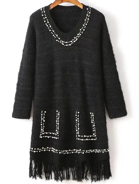 Romwe Black Beaded V Neck Fringe Hem Sweater Dress