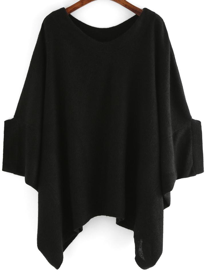 Romwe Black Round Neck Batwing Loose Sweater