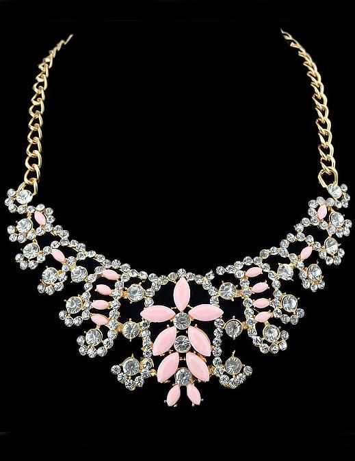 Romwe Pink Gemstone Diamond Gold Necklace