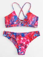 Romwe Tropical Print Braided Straps Bikini Set