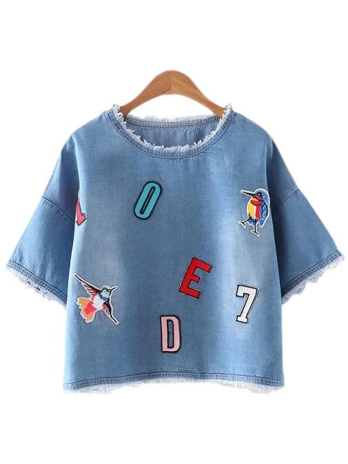 Romwe Blue Fringed Letter Bird Embroidery Denim Blouse