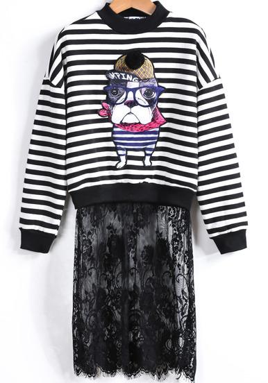 Romwe Dog Print Striped Contrast Lace Sweatshirt