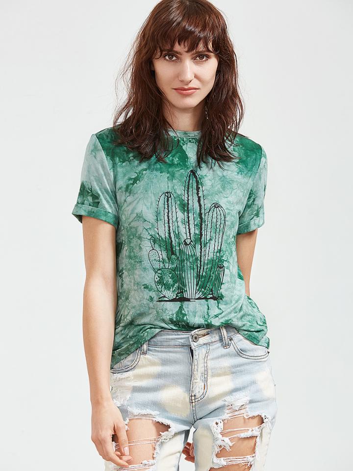 Romwe Green Tie Dye Print Short Sleeve T-shirt